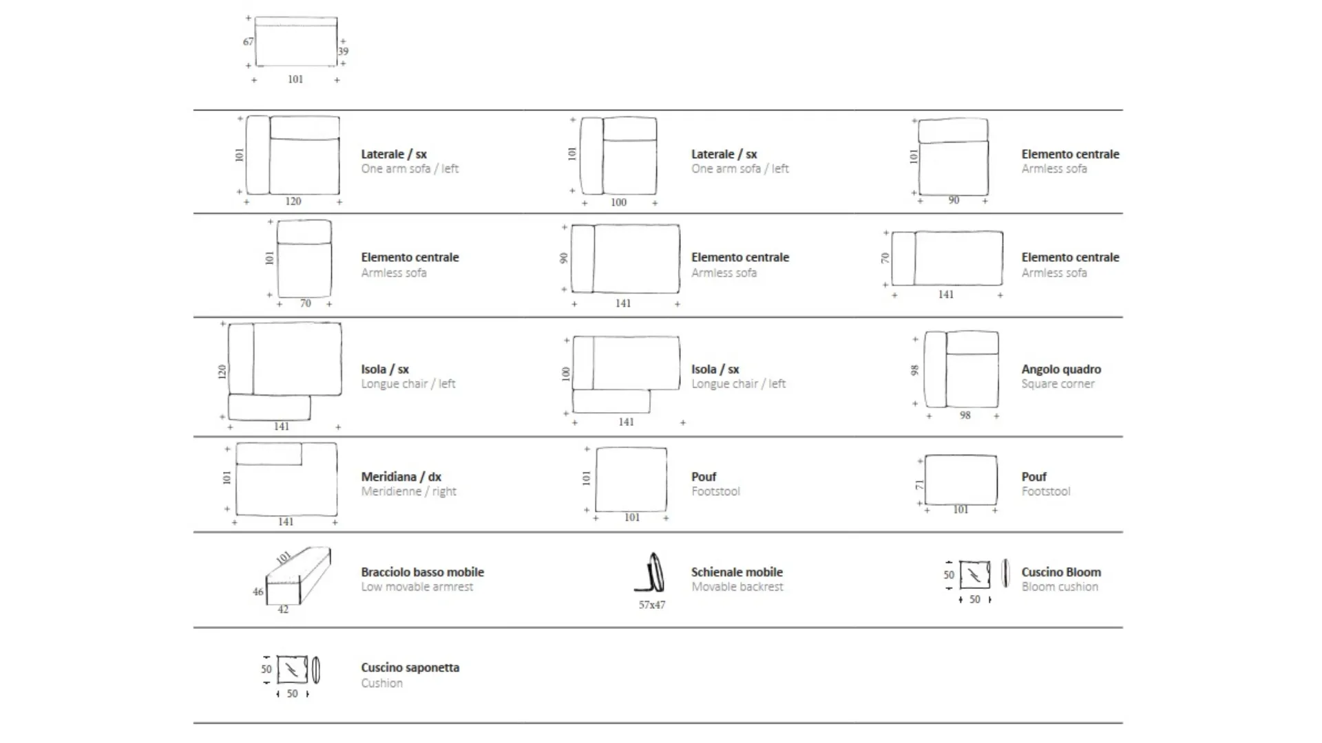 Bloom sofa technical sheet